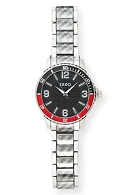 IZOD Adult Mens Analog Watch w Black/Red Case in Silvertone Bracelet Model# IZO50040