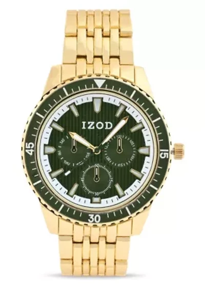 IZOD Adult Mens Analog Watch w Green Dial in Goldtone Bracelet Model# IZO50077