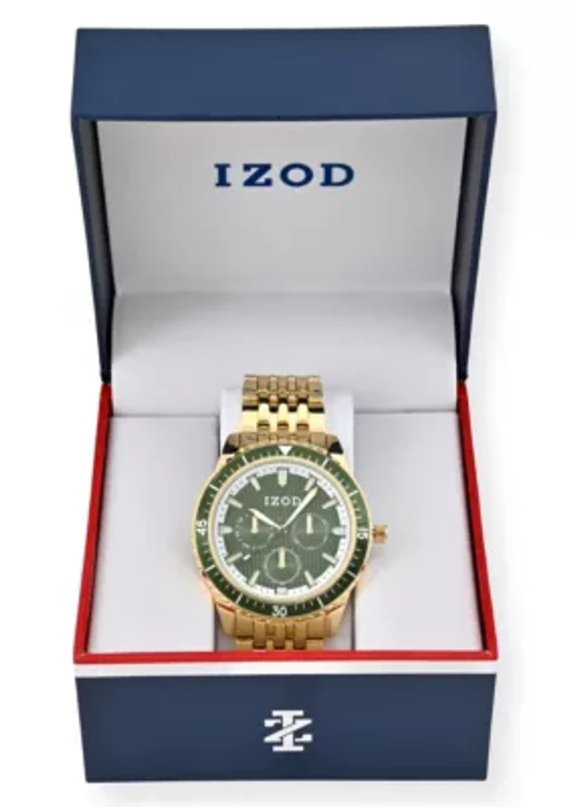 IZOD Adult Mens Analog Watch w Green Dial in Goldtone Bracelet Model# IZO50077