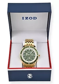 IZOD Adult Mens Analog Watch w Green Dial in Goldtone Bracelet Model# IZO50077