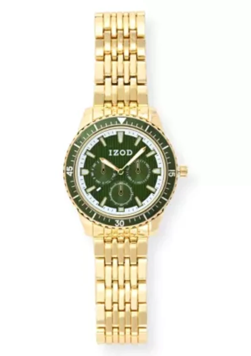 IZOD Adult Mens Analog Watch w Green Dial in Goldtone Bracelet Model# IZO50077