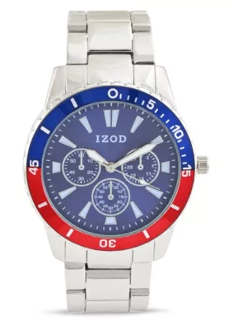 IZOD Adult Mens Analog Watch w Blue/Red on Silvertone Sport Bracelet Model# IZO5869