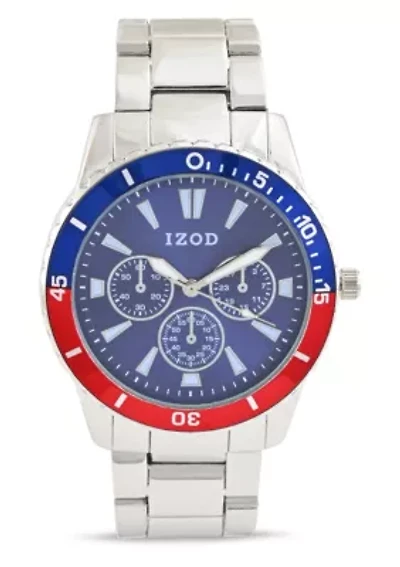 IZOD Adult Mens Analog Watch w Blue/Red on Silvertone Sport Bracelet Model# IZO5869