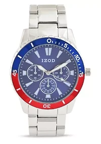IZOD Adult Mens Analog Watch w Blue/Red on Silvertone Sport Bracelet Model# IZO5869