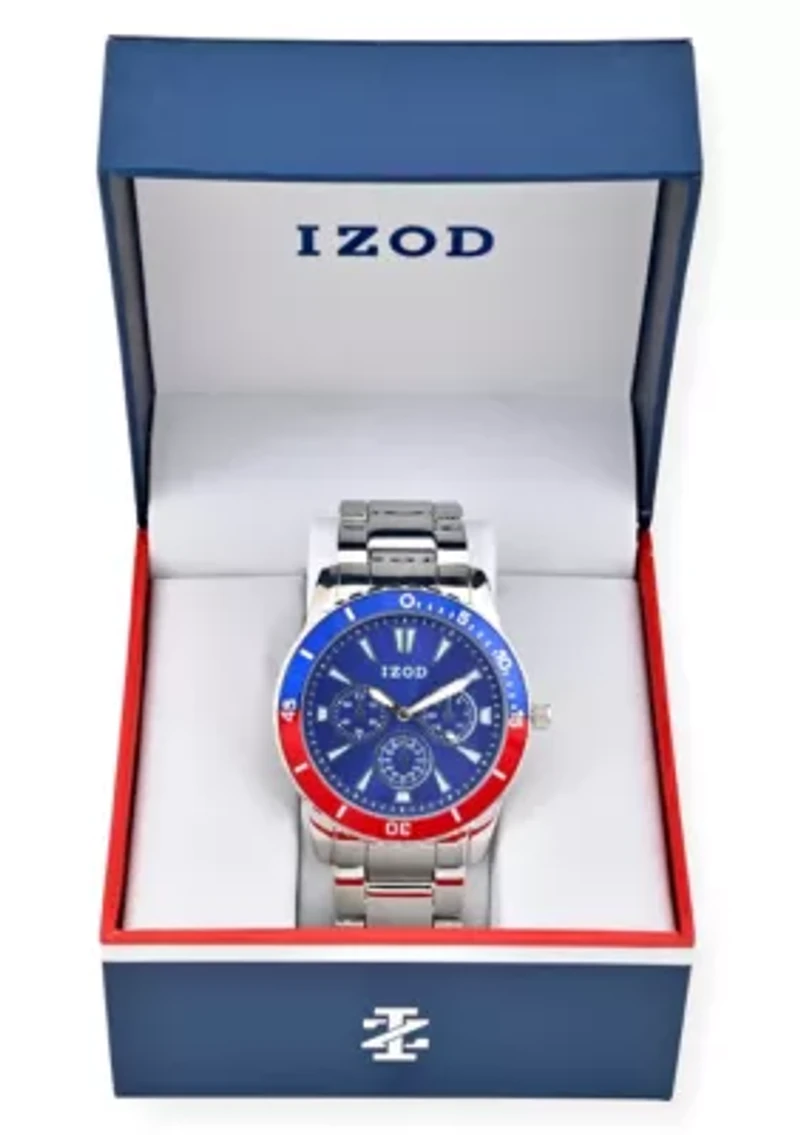 IZOD Adult Mens Analog Watch w Blue/Red on Silvertone Sport Bracelet Model# IZO5869