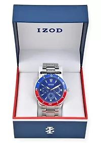 IZOD Adult Mens Analog Watch w Blue/Red on Silvertone Sport Bracelet Model# IZO5869