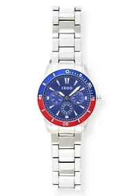 IZOD Adult Mens Analog Watch w Blue/Red on Silvertone Sport Bracelet Model# IZO5869