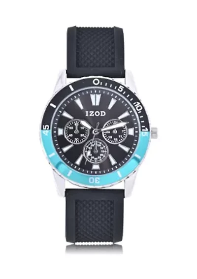 IZOD Black Textured Silicone Strap Watch with Aqua Accent Bezel