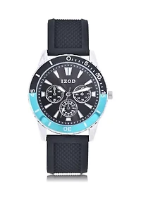 IZOD Black Textured Silicone Strap Watch with Aqua Accent Bezel
