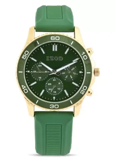 IZOD Adult Mens Analog Watch w Green Rubber Strap in Gold Model# IZO9432