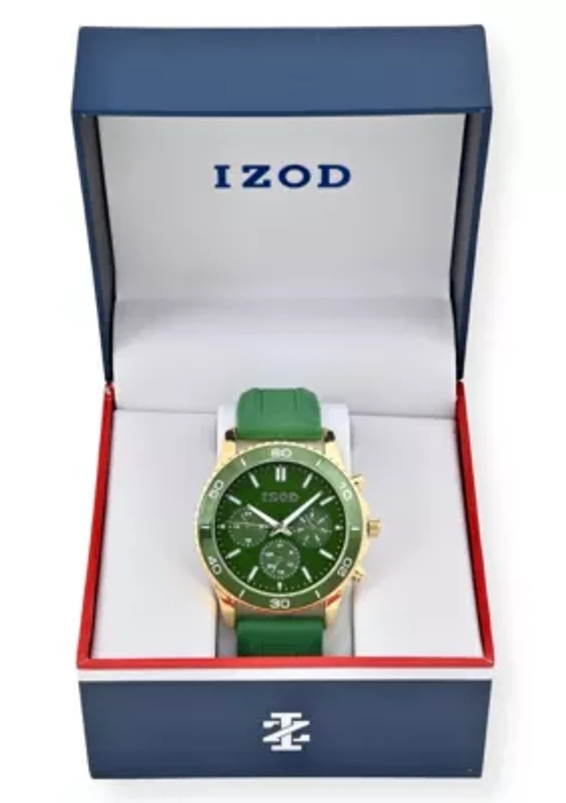 IZOD Adult Mens Analog Watch w Green Rubber Strap in Gold Model# IZO9432