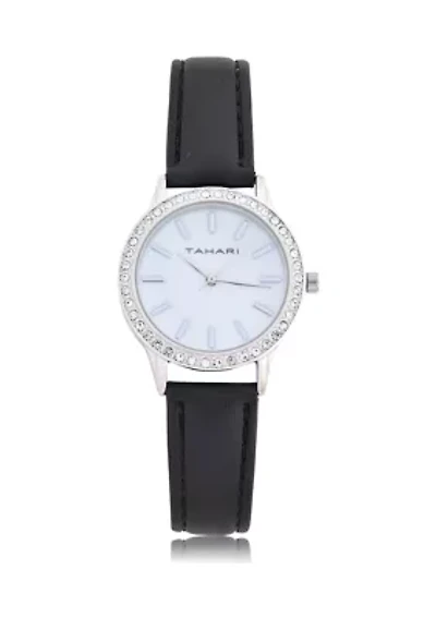 TAHARI Black Strap Watch with Crystal Accent