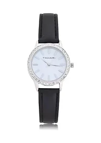 TAHARI Black Strap Watch with Crystal Accent