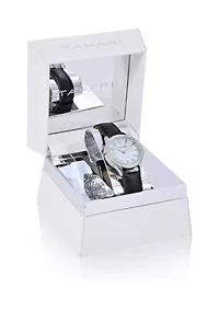 TAHARI Black Strap Watch with Crystal Accent