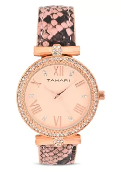 Tahari Adult Womens Analog Watch w Gold Dial and Pink Snakeskin Strap Model# TAH3067