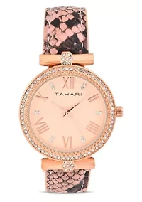 Tahari Adult Womens Analog Watch w Gold Dial and Pink Snakeskin Strap Model# TAH3067