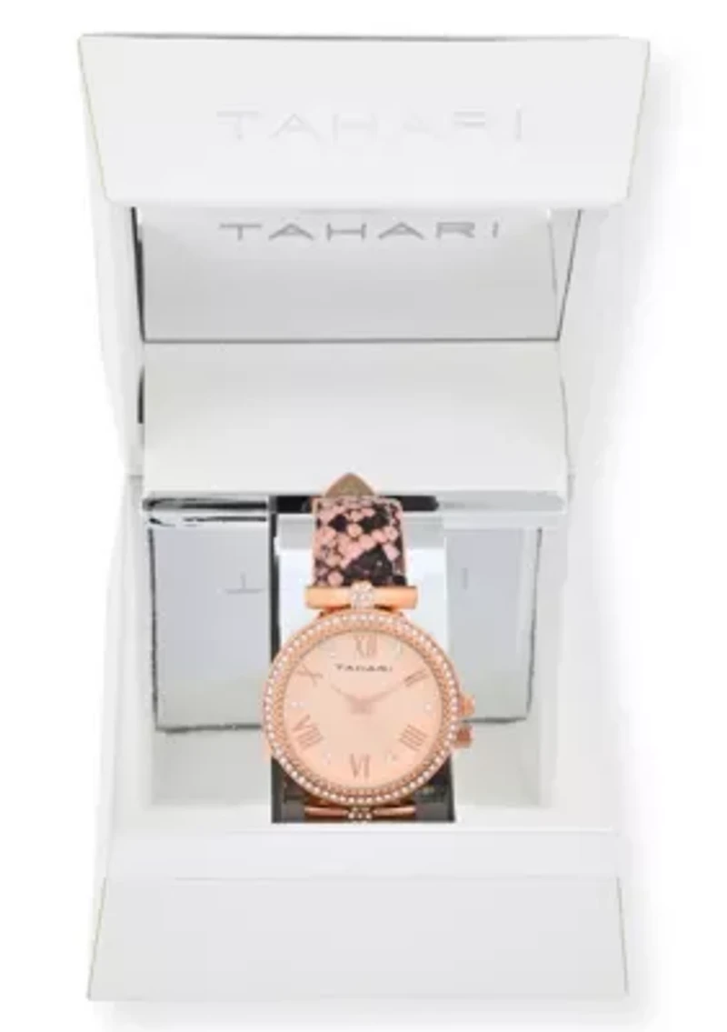 Tahari Adult Womens Analog Watch w Gold Dial and Pink Snakeskin Strap Model# TAH3067