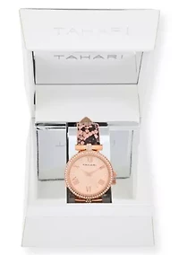 Tahari Adult Womens Analog Watch w Gold Dial and Pink Snakeskin Strap Model# TAH3067