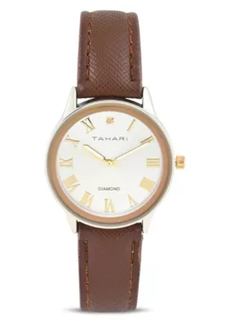 Tahari Adult Womens Analog Watch w Gold Dial and Brown Strap w Genuine Diamond Model# TAH3119
