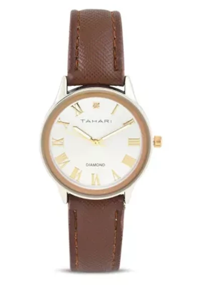 Tahari Adult Womens Analog Watch w Gold Dial and Brown Strap w Genuine Diamond Model# TAH3119