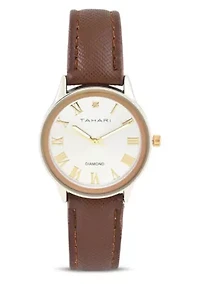 Tahari Adult Womens Analog Watch w Gold Dial and Brown Strap w Genuine Diamond Model# TAH3119