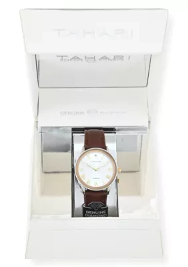 Tahari Adult Womens Analog Watch w Gold Dial and Brown Strap w Genuine Diamond Model# TAH3119