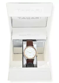 Tahari Adult Womens Analog Watch w Gold Dial and Brown Strap w Genuine Diamond Model# TAH3119