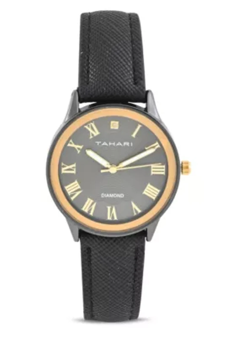 Tahari Adult Womens Analog Watch w Gold Case Black Dial with Black Strap w Genuine Diamond Model# TAH3121