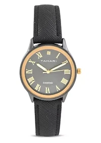Tahari Adult Womens Analog Watch w Gold Case Black Dial with Black Strap w Genuine Diamond Model# TAH3121