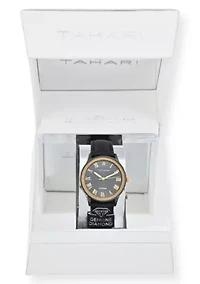 Tahari Adult Womens Analog Watch w Gold Case Black Dial with Black Strap w Genuine Diamond Model# TAH3121