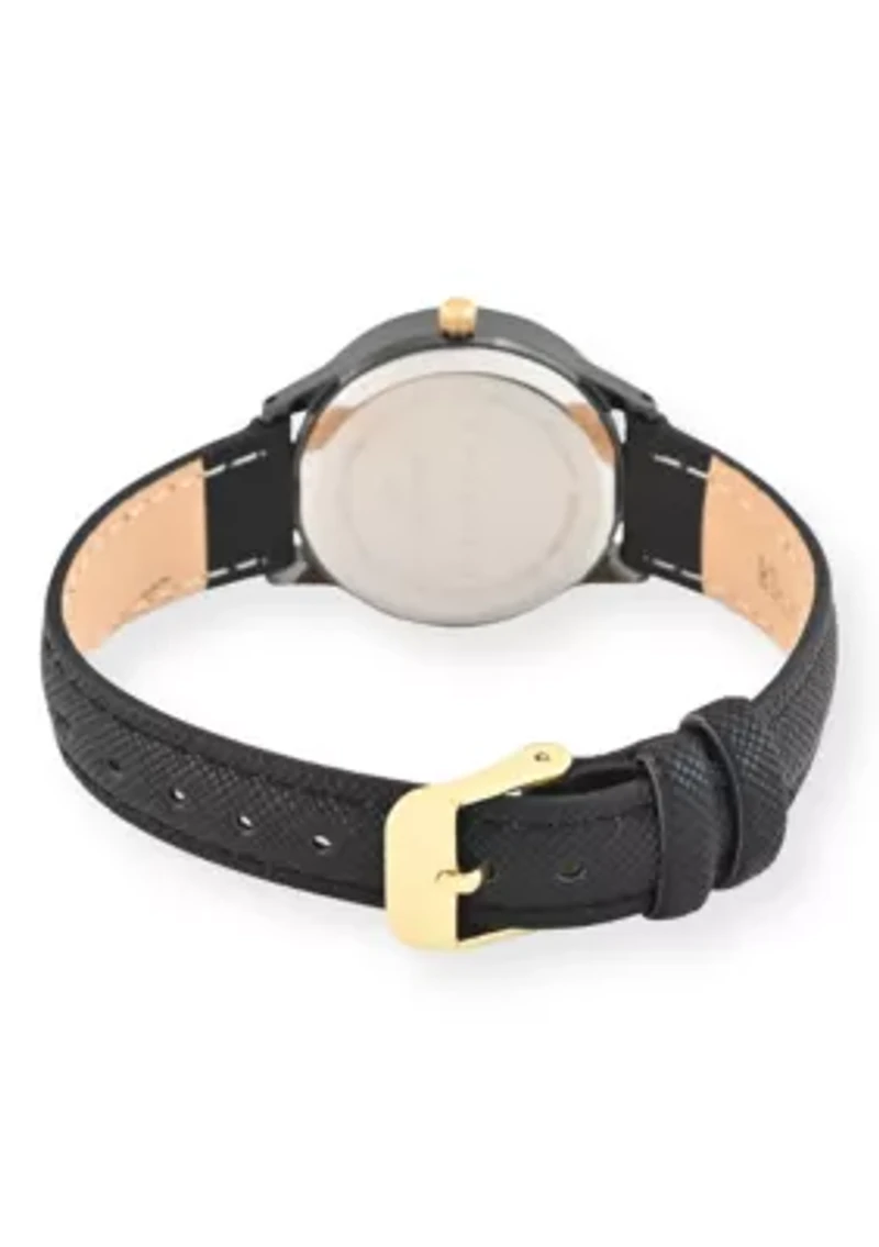Tahari Adult Womens Analog Watch w Gold Case Black Dial with Black Strap w Genuine Diamond Model# TAH3121