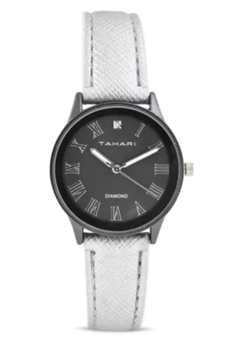 Tahari Adult Womens Analog Watch w Silver Case Black Dial with Silver Strap w Genuine Diamond Model# TAH3122