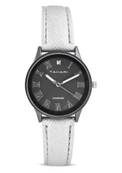 Tahari Adult Womens Analog Watch w Silver Case Black Dial with Silver Strap w Genuine Diamond Model# TAH3122