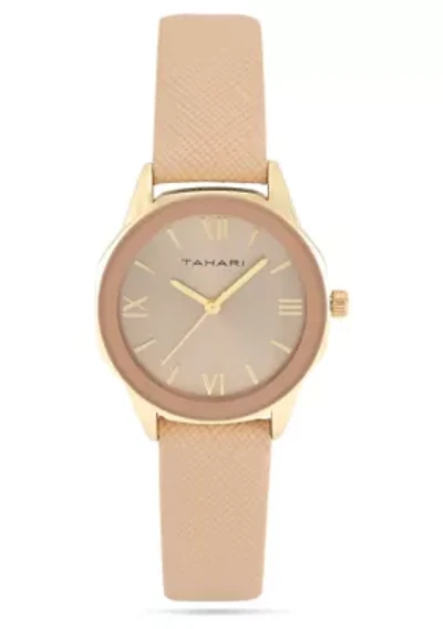 Tahari Adult Womens Analog Watch w Gold Case Nude Color Dial with Nude Strap Model# TAH3136