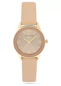 Tahari Adult Womens Analog Watch w Gold Case Nude Color Dial with Nude Strap Model# TAH3136