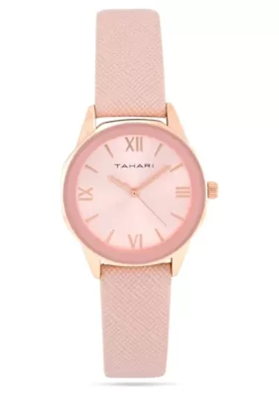 Tahari Adult Womens Analog Watch w Rose Gold Case and Dial with Pink Textured Strap Model# TAH3137