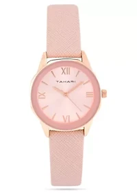 Tahari Adult Womens Analog Watch w Rose Gold Case and Dial with Pink Textured Strap Model# TAH3137