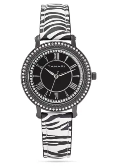 Tahari Adult Womens Analog Watch w Black Case and Dial with Zebra Strap Model# TAH3156