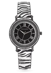 Tahari Adult Womens Analog Watch w Black Case and Dial with Zebra Strap Model# TAH3156