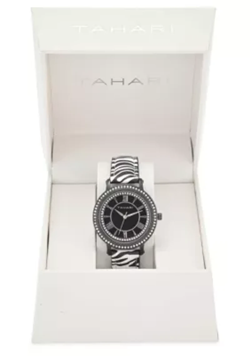 Tahari Adult Womens Analog Watch w Black Case and Dial with Zebra Strap Model# TAH3156