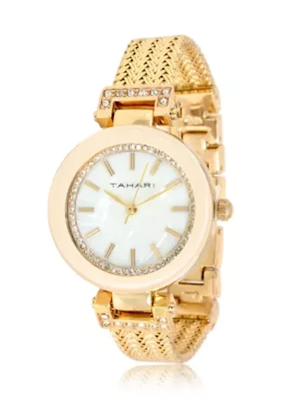 TAHARI Ladies Goldtoned Herringbone Patterned Mesh Bracelt Watch