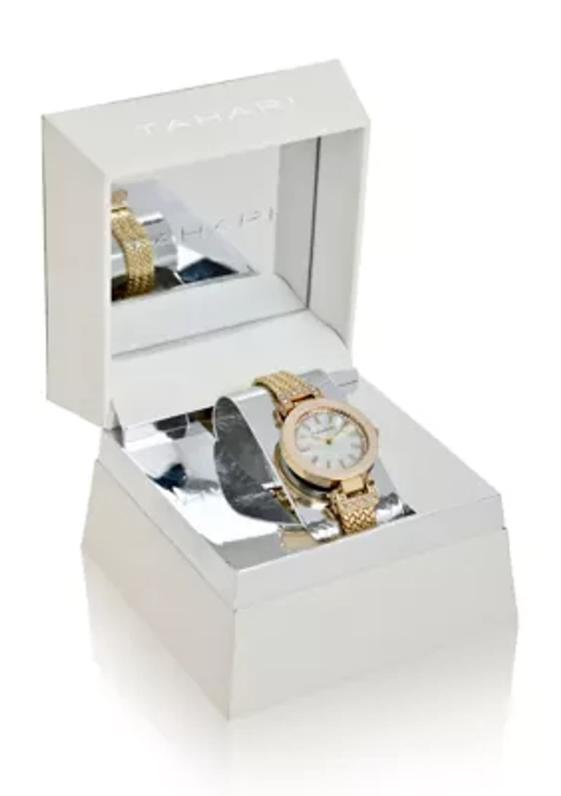 TAHARI Ladies Goldtoned Herringbone Patterned Mesh Bracelt Watch