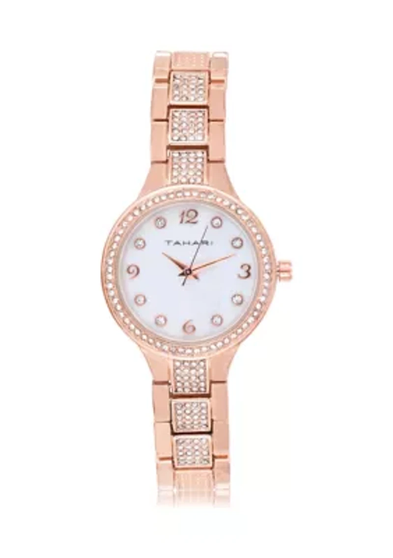 TAHARI Ladies Rose Goldtone Bracelet Watch with Crystal Links