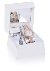 TAHARI Ladies Rose Goldtone Bracelet Watch with Crystal Links