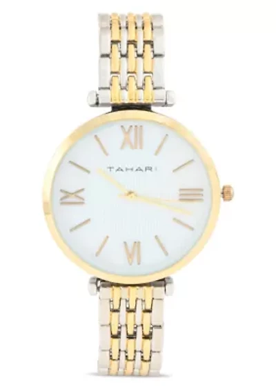 Tahari Adult Womens Analog Watch w Gold Case and Two-Tone Gold Silver Dial and Bracelet Model# TAH5522