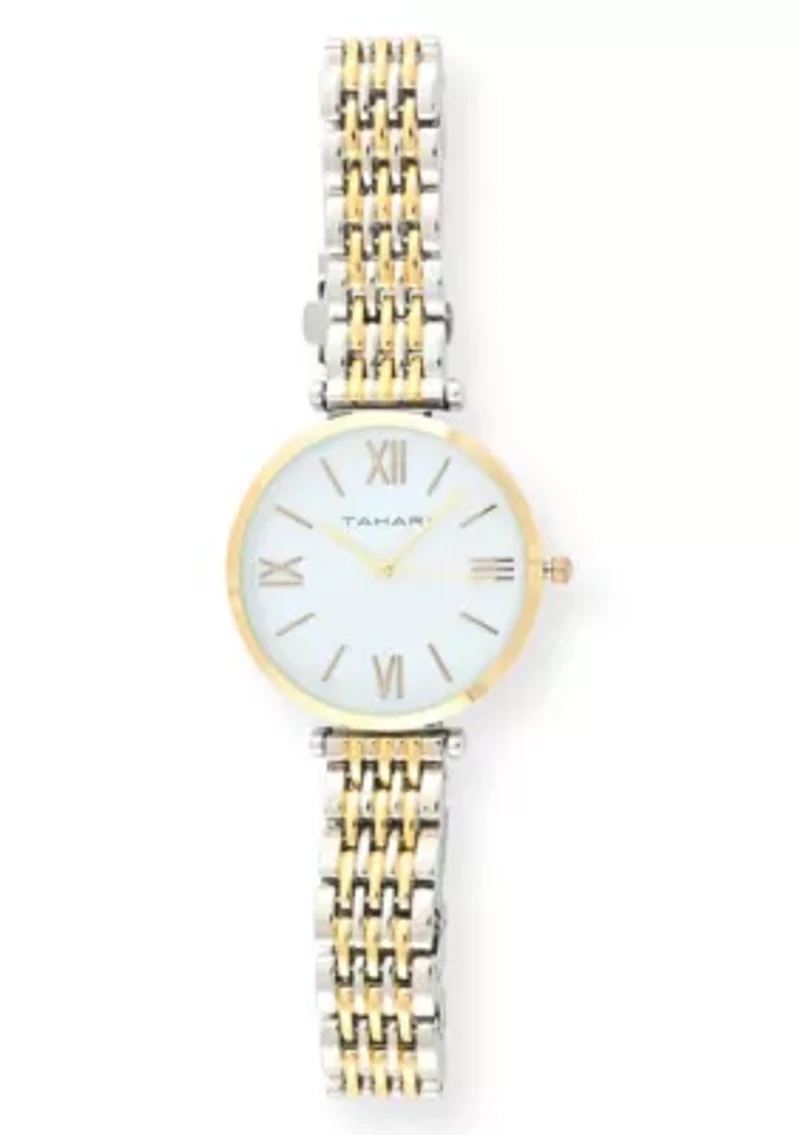 Tahari Adult Womens Analog Watch w Gold Case and Two-Tone Gold Silver Dial and Bracelet Model# TAH5522