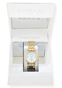 Tahari Adult Womens Analog Watch w Gold Case Dial and Bracelet w Genuine Diamond at 12  Model# TAH5692