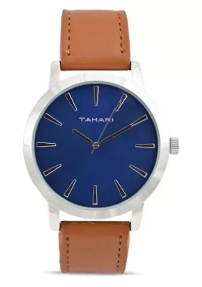 Tahari Adult Mens Analog Watch with Silver Case Blue Dial and Brown Strap Model# TAH60004