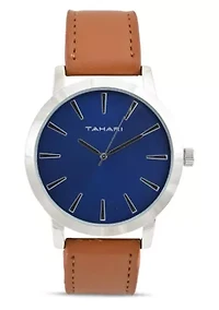 Tahari Adult Mens Analog Watch with Silver Case Blue Dial and Brown Strap Model# TAH60004