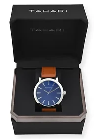 Tahari Adult Mens Analog Watch with Silver Case Blue Dial and Brown Strap Model# TAH60004
